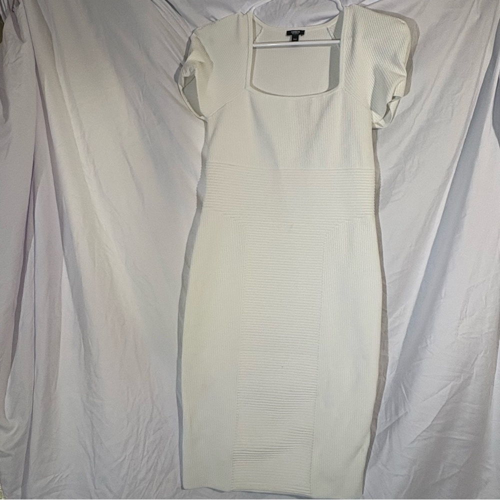 Express White Sheath Dress with Square Neck and Flutter Cap Sleeves